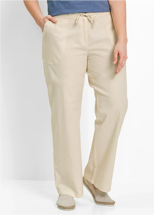 Wijde broek met linnen, Kleur: kiezelbeige