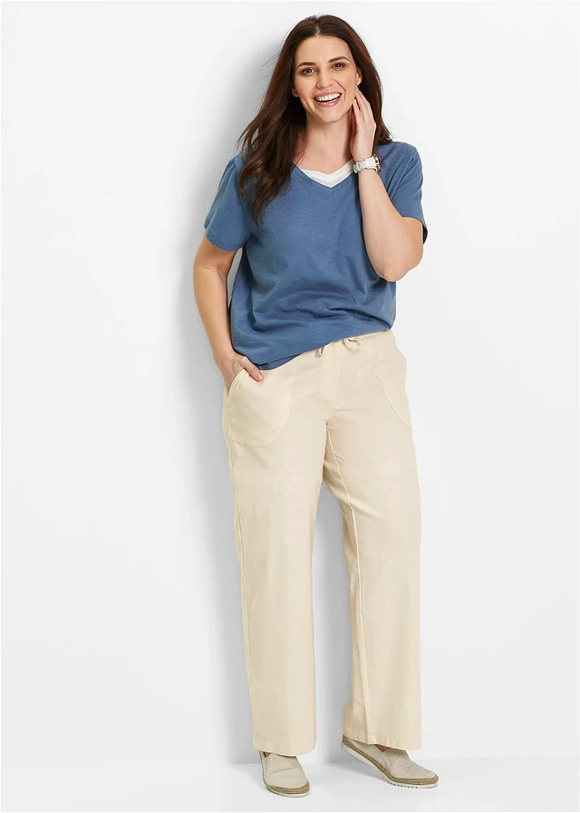 Wijde broek met linnen, Kleur: kiezelbeige
