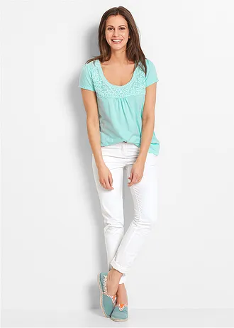 Katoenen shirt met kant, korte mouw, Kleur: poolmint