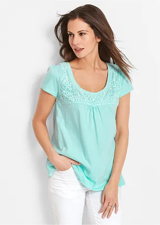 Katoenen shirt met kant, korte mouw, Kleur: poolmint