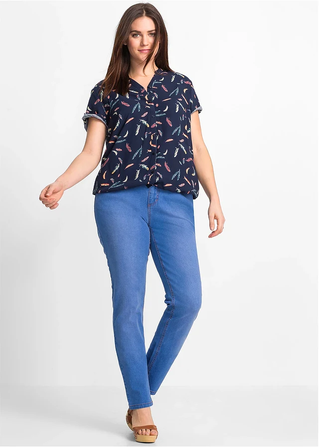 Chemisier manches courtes en viscose fluide, Couleur: bleu foncé imprimé
