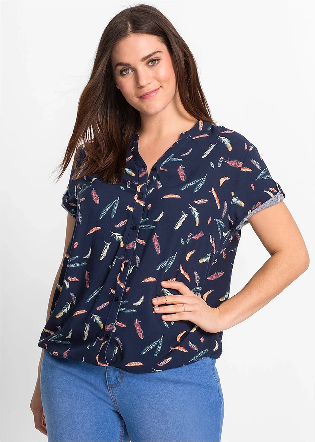 Chemisier manches courtes en viscose fluide, Couleur: bleu foncé imprimé