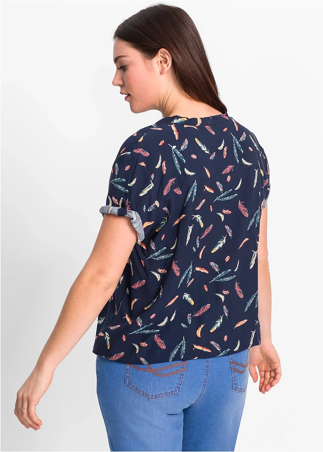 Chemisier manches courtes en viscose fluide, Couleur: bleu foncé imprimé