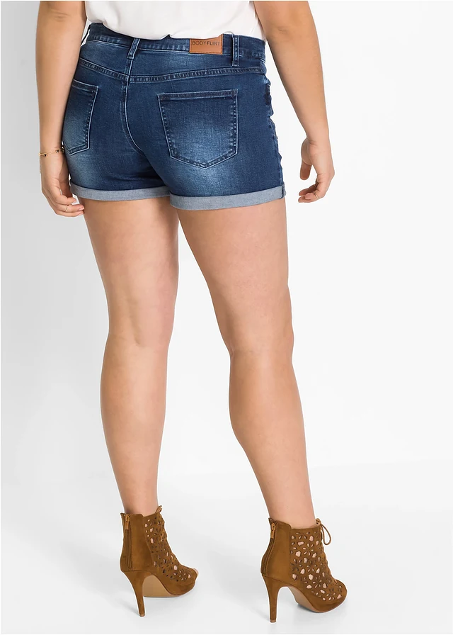 Jeans short met borduursel, Kleur: blauw gebloemd