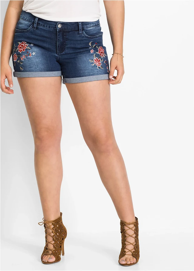 Jeans short met borduursel, Kleur: blauw gebloemd