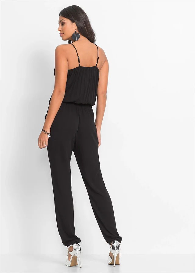 Jumpsuit van gestructureerde viscose, Kleur: zwart