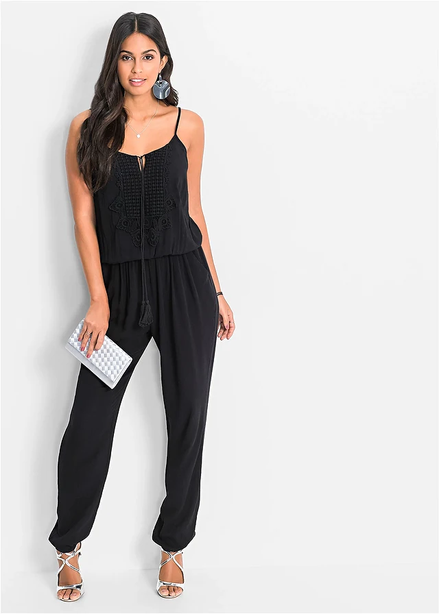 Jumpsuit van gestructureerde viscose, Kleur: zwart