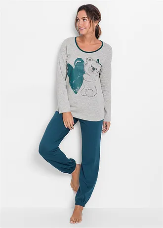 Pijama cu bumbac organic • albastru-petrol cu imprimeu • magazin bonprix