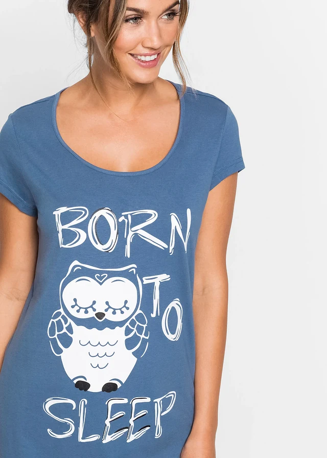 Kort nachthemd van biologisch katoen, Kleur: jeansblauw met uilenprint