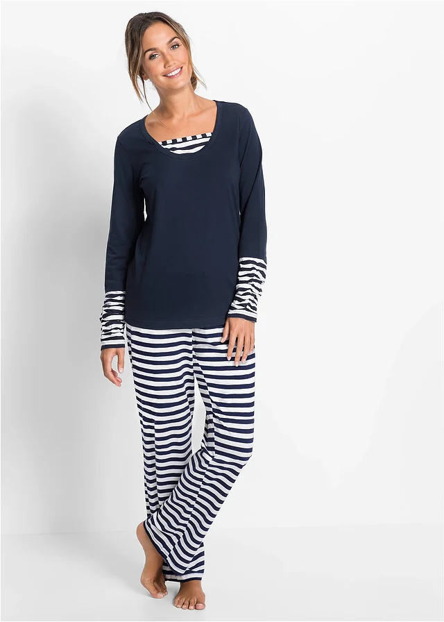 Pyjama 100% coton, Couleur: bleu foncé-blanc rayé