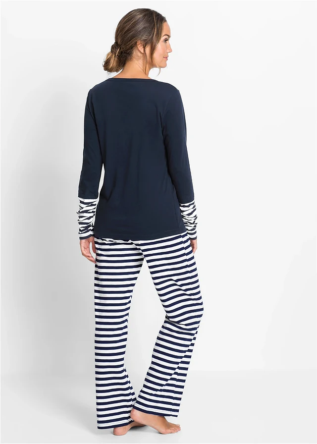 Pyjama 100% coton, Couleur: bleu foncé-blanc rayé