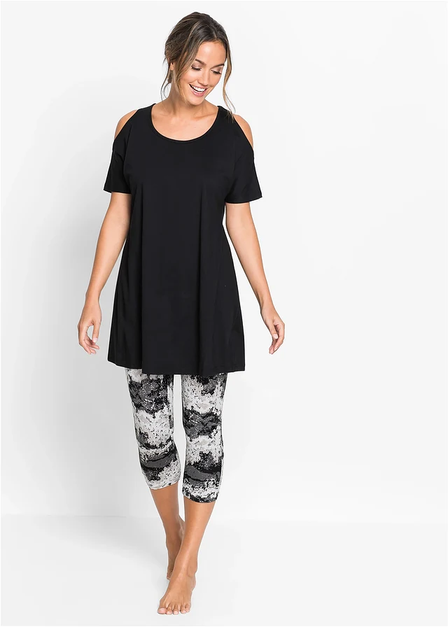Capri pyjama met korte mouwen (2-dlg. set), Kleur: zwart gedessineerd