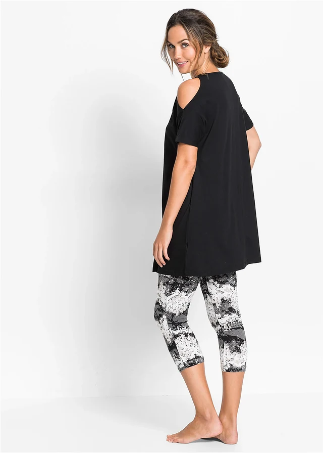 Capri pyjama met korte mouwen (2-dlg. set), Kleur: zwart gedessineerd