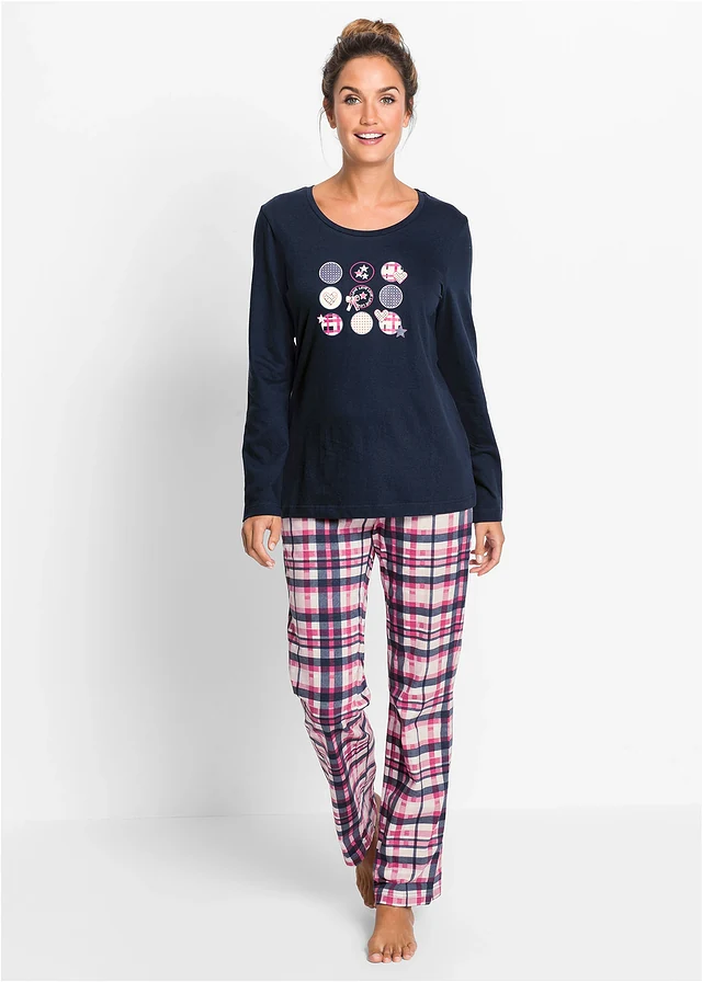 Pyjama van biologisch katoen, Kleur: donkerblauw met print