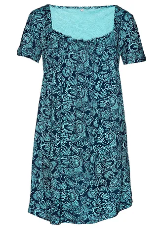 Úpletová tunika s krátkým rukávem • tmavě modro-aqua s kašmírovým potiskem • bonprix obchod