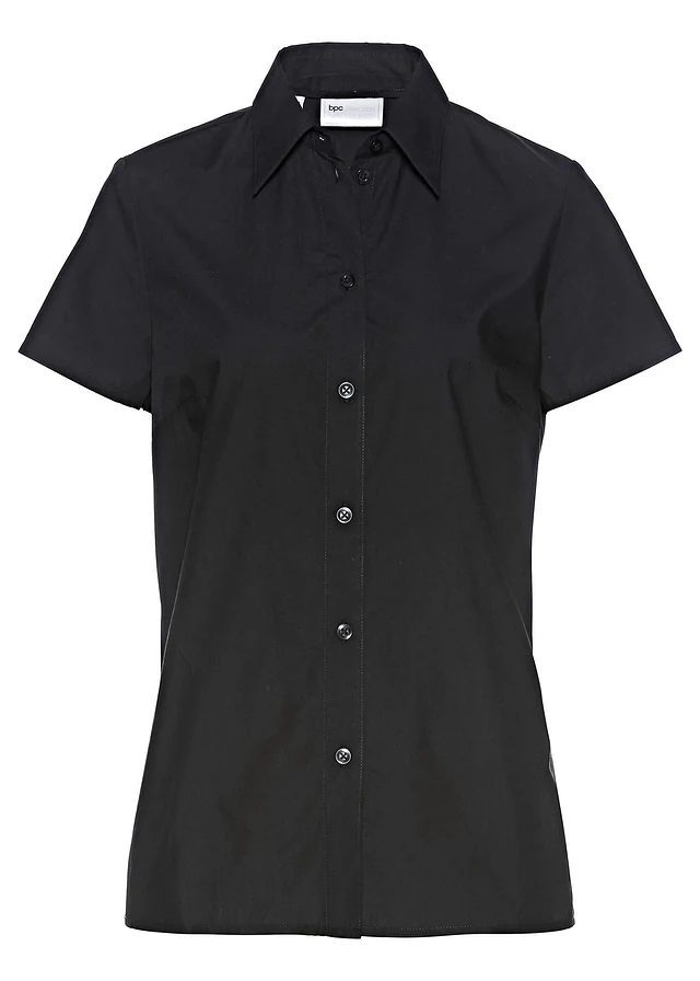 Popeline blouse met korte mouwen, Kleur: zwart