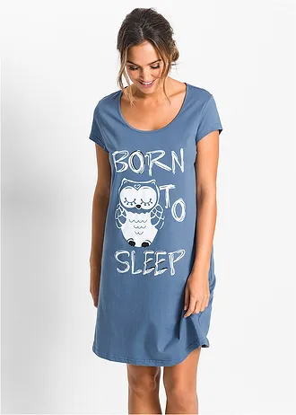 Chemise de nuit 100% coton, Couleur: bleu-imprimé chouette
