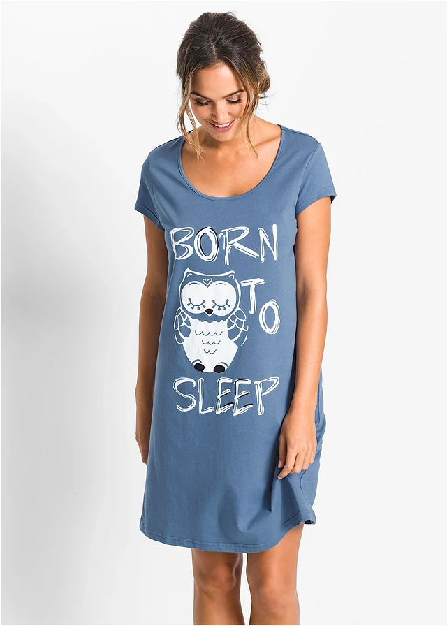 Chemise de nuit 100% coton, Couleur: bleu-imprimé chouette