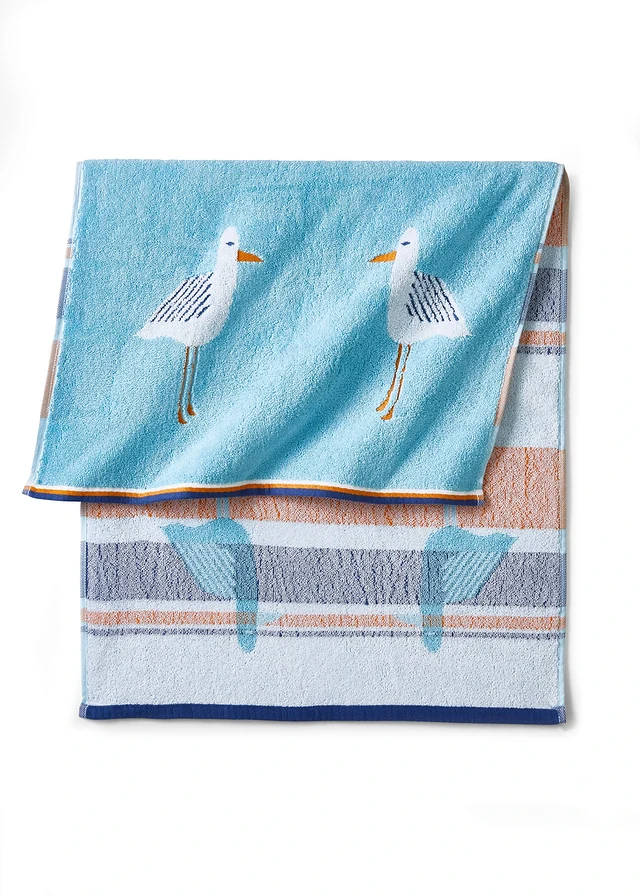 Serviette de toilette pur coton motif mouettes, Couleur: bleu