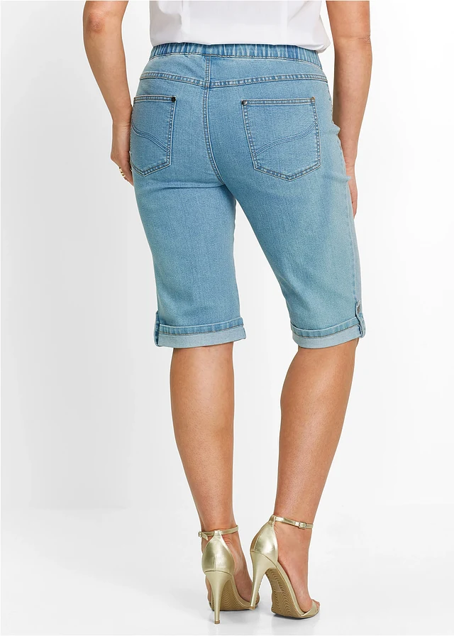 Jeans bermuda met elastische band, Kleur: blue bleached