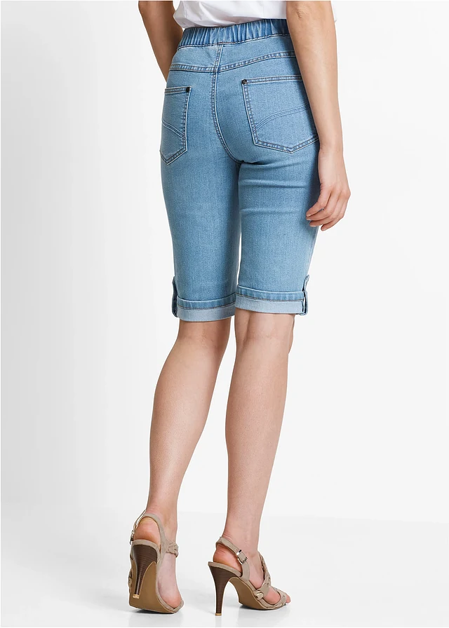 Bermuda en jean avec taille entièrement élastiquée, Couleur: bleu bleached