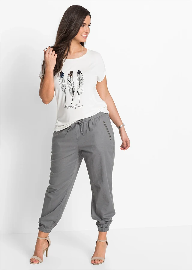 Pantalon 7/8 léger en lin et coton, Couleur: gris argenté