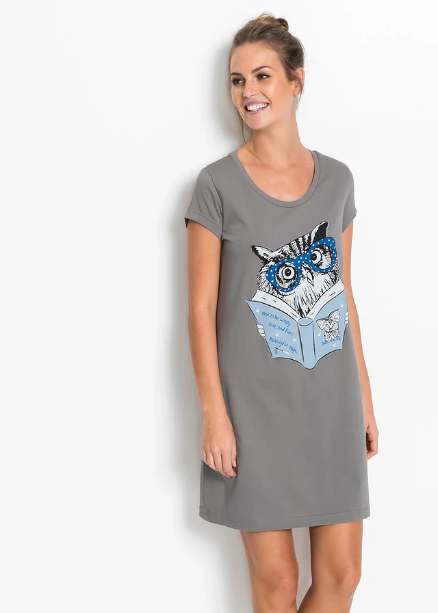 Chemise de nuit courte 100% coton, Couleur: gris imprimé
