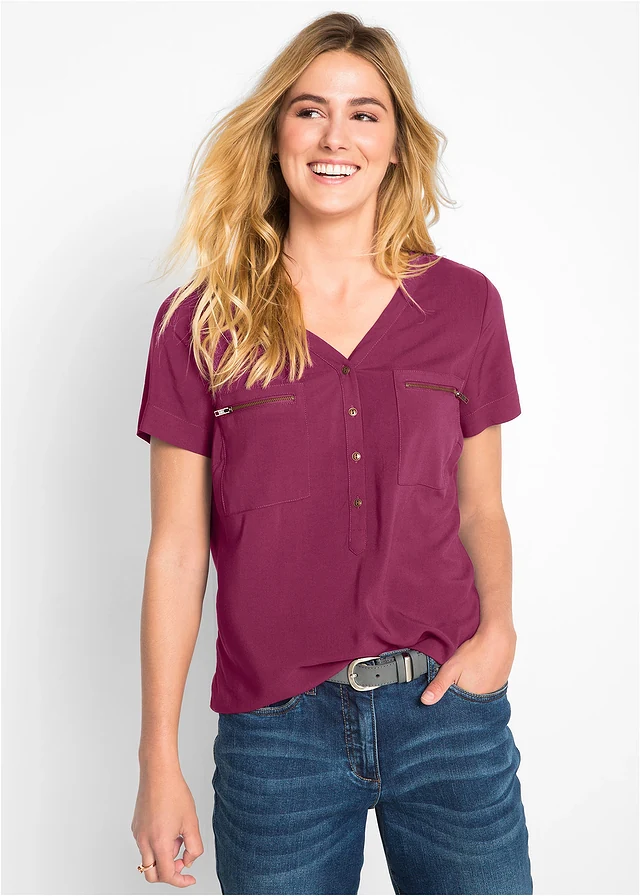Viscose blouse, korte mouw, Kleur: bessen