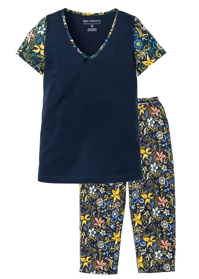 Pyjama corsaire à manches courtes 100% coton, Couleur: bleu foncé imprimé