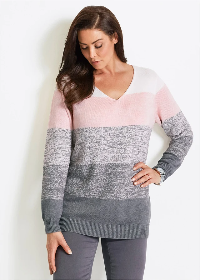 Pull long avec cachemire, Couleur: rose dragée/gris chiné rayé