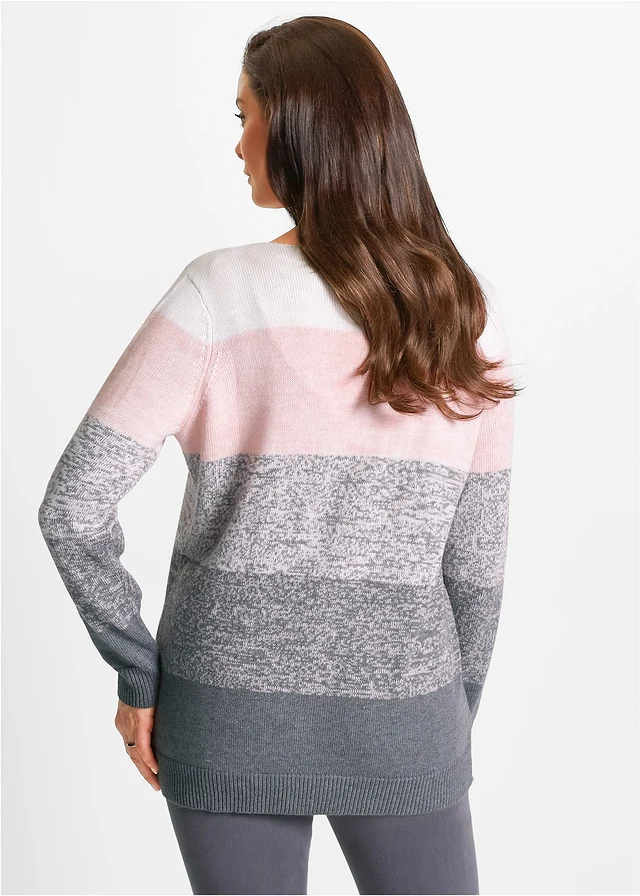 Pull long avec cachemire, Couleur: rose dragée/gris chiné rayé