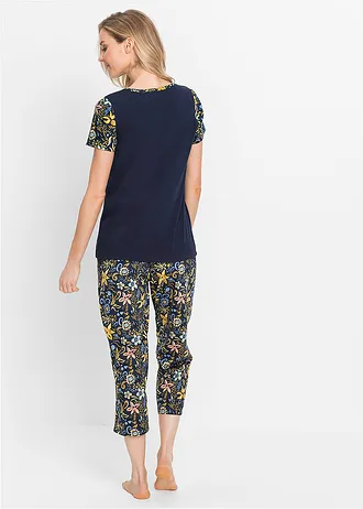 Capri pyjama met korte mouwen van puur katoen, Kleur: donkerblauw gedessineerd