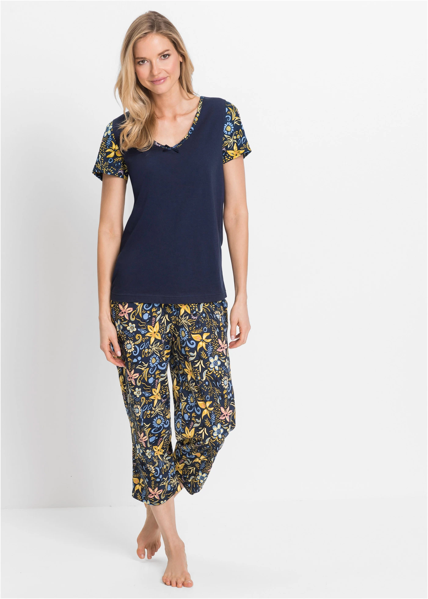 Capri pyjama met korte mouwen van puur katoen • donkerblauw gedessineerd • bonprix online shop