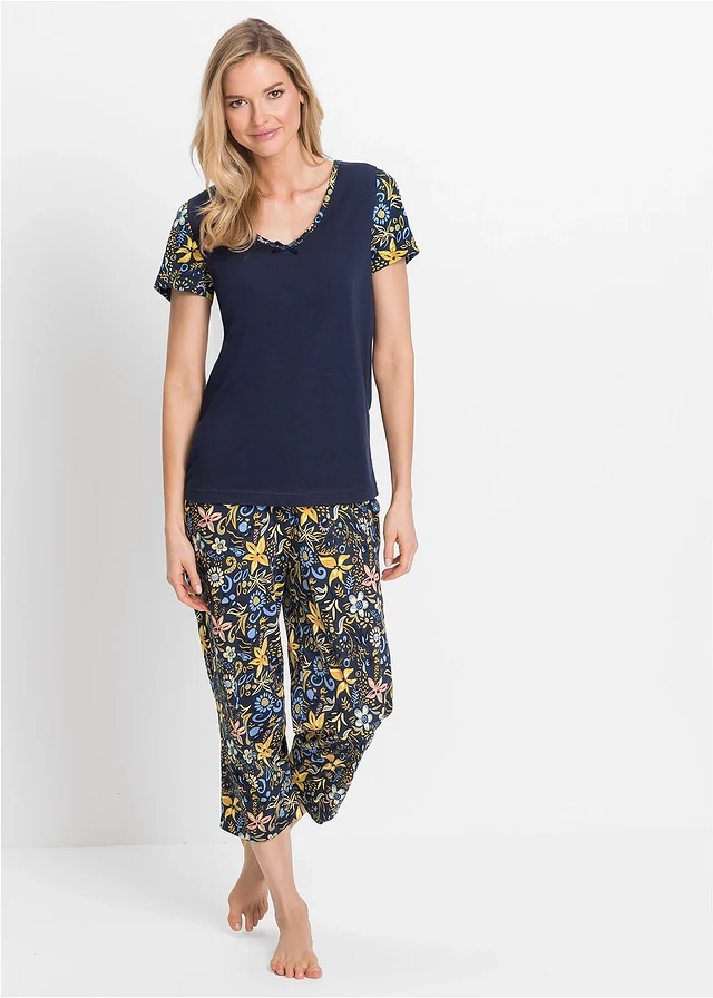 Capri pyjama met korte mouwen van puur katoen, Kleur: donkerblauw gedessineerd