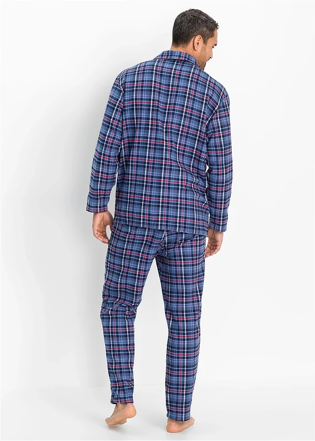Pyjama en flanelle avec boutons et manches longues, Couleur: bleu carreaux