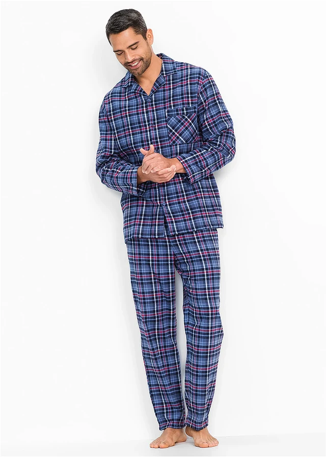 Pyjama en flanelle avec boutons et manches longues, Couleur: bleu carreaux
