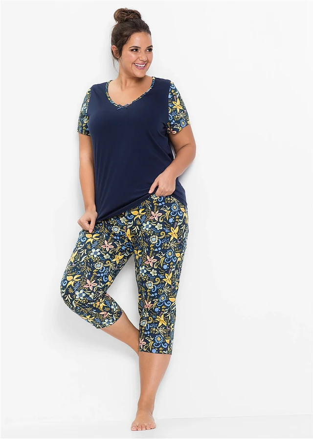 Pyjama corsaire à manches courtes 100% coton, Couleur: bleu foncé imprimé