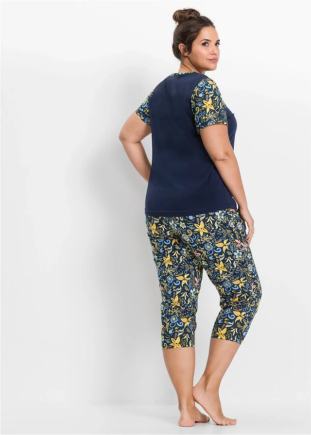 Pyjama corsaire à manches courtes 100% coton, Couleur: bleu foncé imprimé