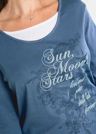 2-in-1 shirt van katoen, 3/4 mouw, Kleur: indigo met print