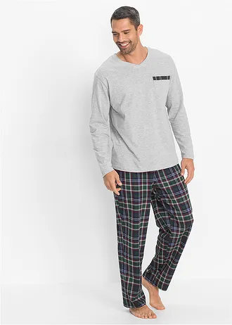 Pyžamo s dlouhým rukávem a organickou bavlnou, barva: světle šedý melír kostka