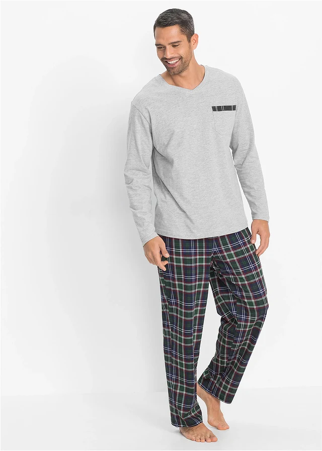 Pyjama à manches longues, Couleur: gris clair chiné carreaux