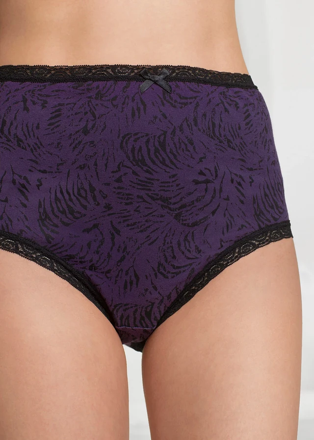 Lot de 5 slips taille haute, Couleur: noir + violet foncé imprimé