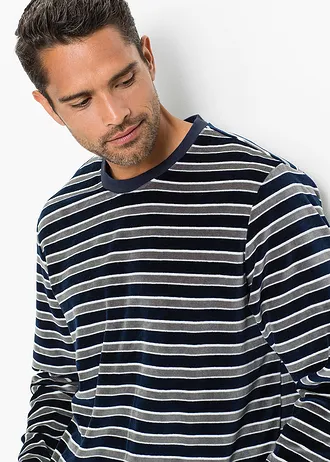 Hosszú ujjú pizsama puha plüss anyagból • sötétkék/csíkos • bonprix áruház