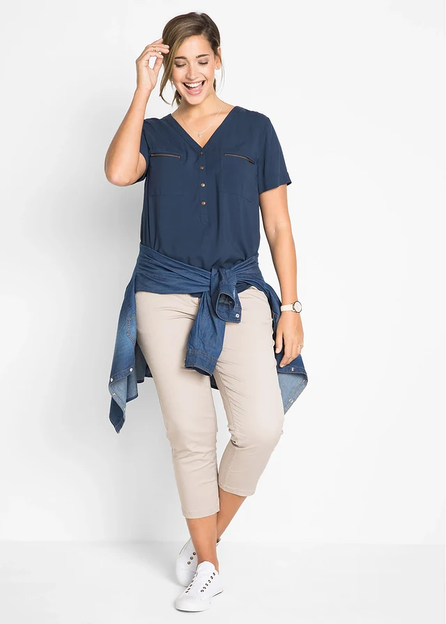 Viscose blouse, korte mouw, Kleur: donkerblauw