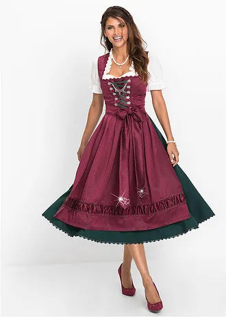 Kroj Dirndl se zástěrou (2dílná souprava), barva: purpurovo-sytě zeleno-černo-matně fialovo-přírodní bílá s potiskem