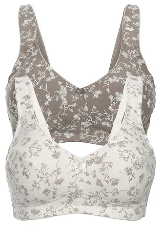 Podprsenka bez kostic, s organickou bavlnou  (2 ks v balení) • přírodní bílá + hnědošedá s květy • bonprix obchod