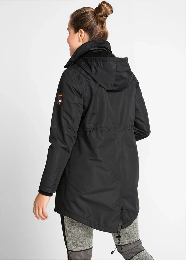 Parka de mi-saison imperméable à capuche, style 2-en-1, Couleur: noir