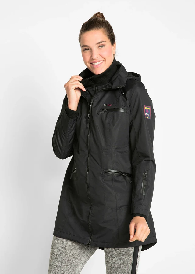 Parka de mi-saison imperméable à capuche, style 2-en-1, Couleur: noir