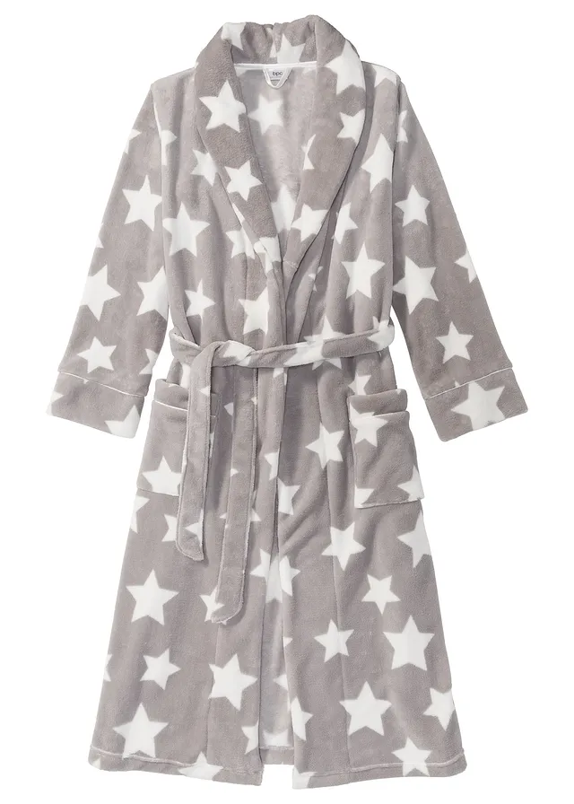 Halat de baie din fleece • gri/ecru cu imprimeu • magazin bonprix