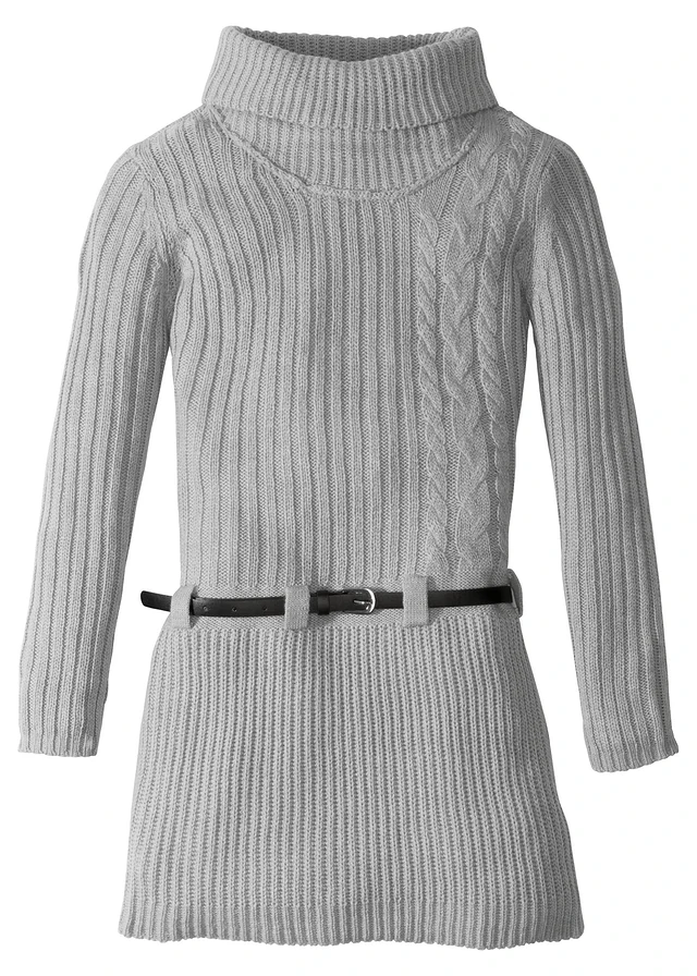 Gebreide jurk met ceintuur (2-dlg. set), Kleur: lichtgrijs gemêleerd